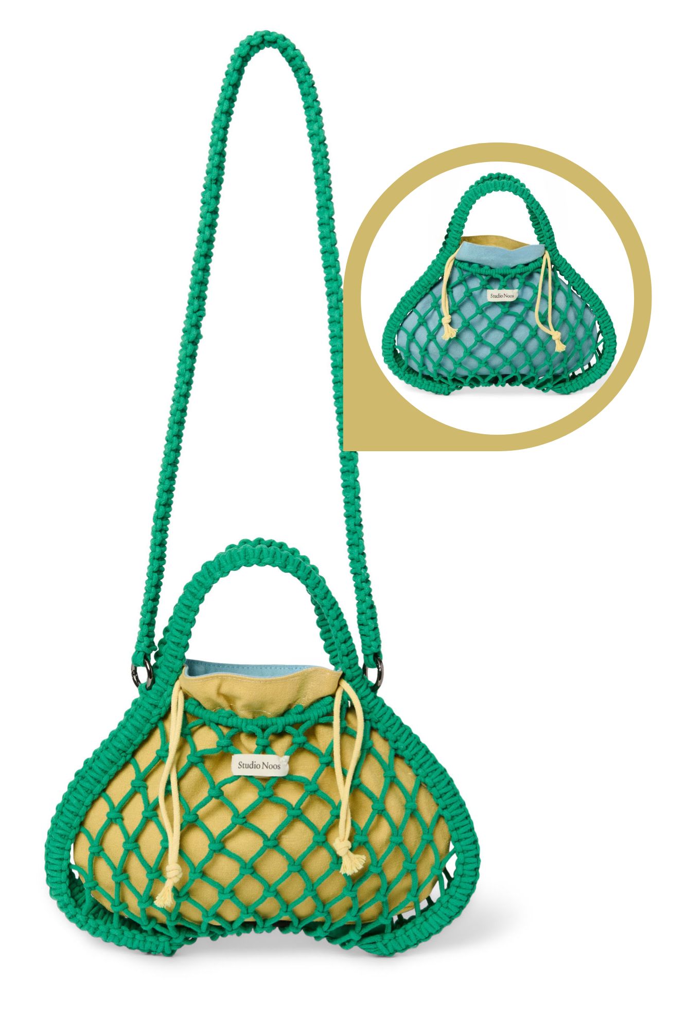 Studio Noos - Tasche Mini Macrame Grün mit Inlay Blau-Gelb