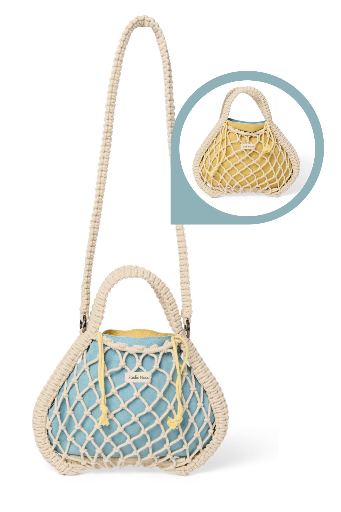 Studio Noos - Tasche Mini Macrame Natural mit Inlay Blau-Gelb